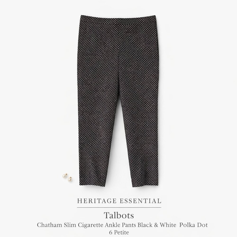 Talbots Chatham Slim Ankle Pants Petite 6 Black White Polka Dot Stretch